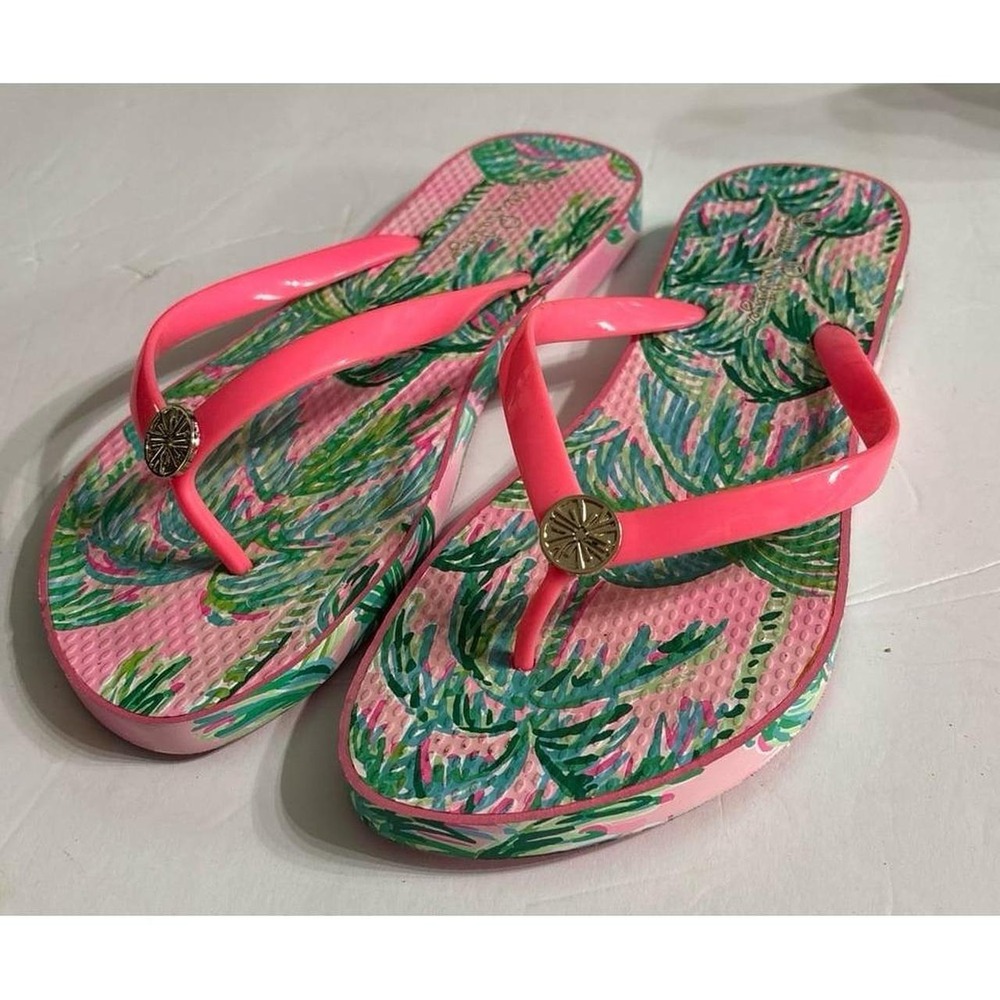 Lilly Pulitzer Pink Palm Leaf Flip Flops Sandals (Women's 9/10)